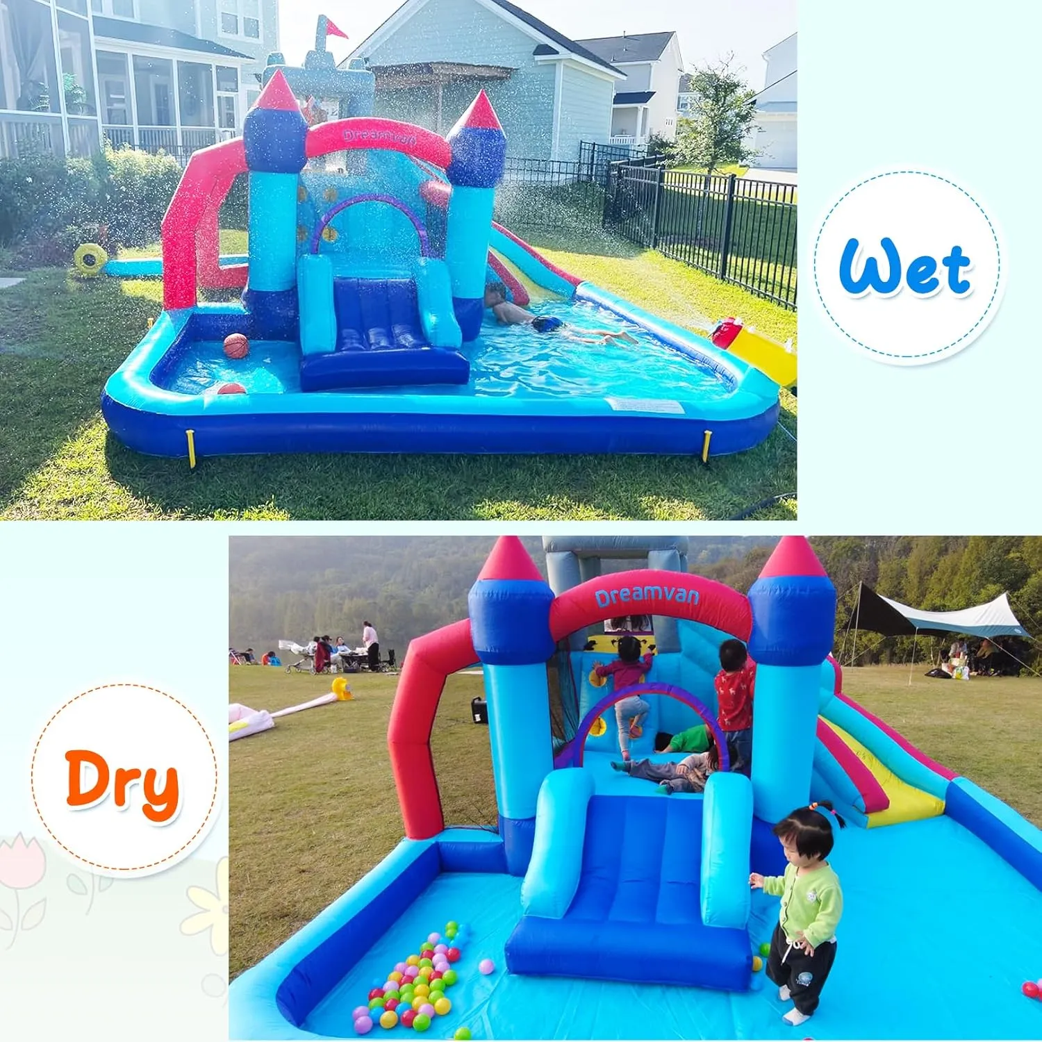 Inflatable Water Slides Park, Inflatable Bounce House Water Slides for Kids - Climbing Wall, 2 Slides, Splash & Trampoline Area – Easy to Set Up & Inflate with 580 W Blower
