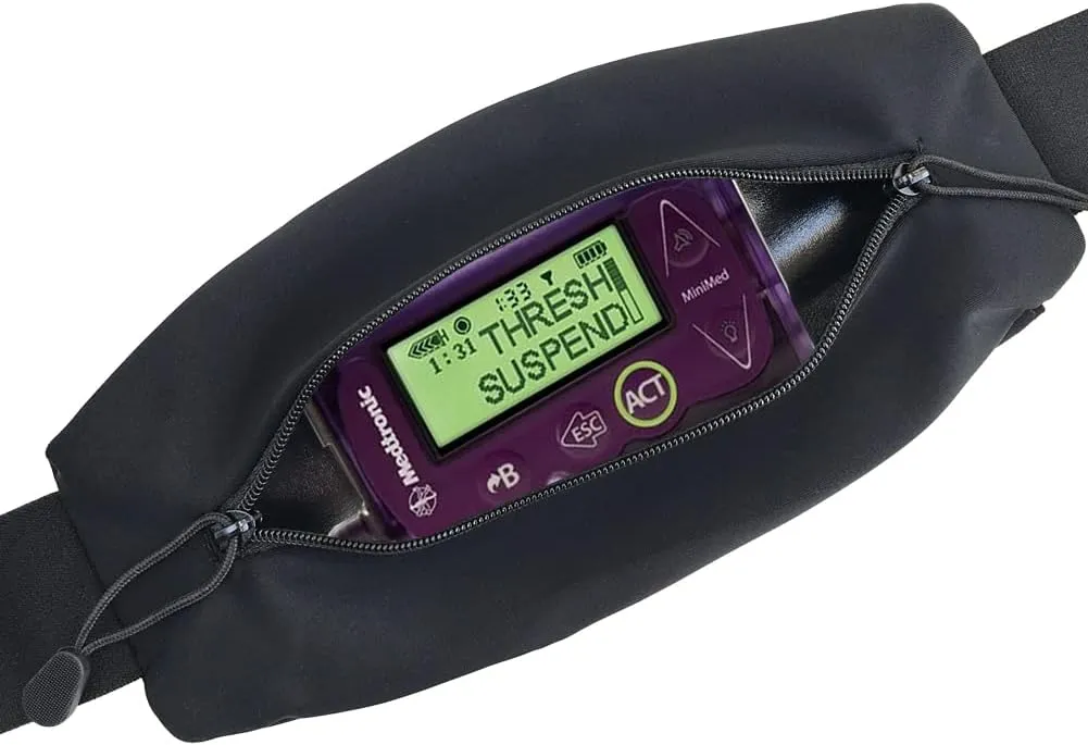 Insulin Pump Belt | Diabetic Pump Holder | Waist Band Accessories for T1D Tubing Epipen - Black Double Slide Zipper Pouch - Men, Women, Adult