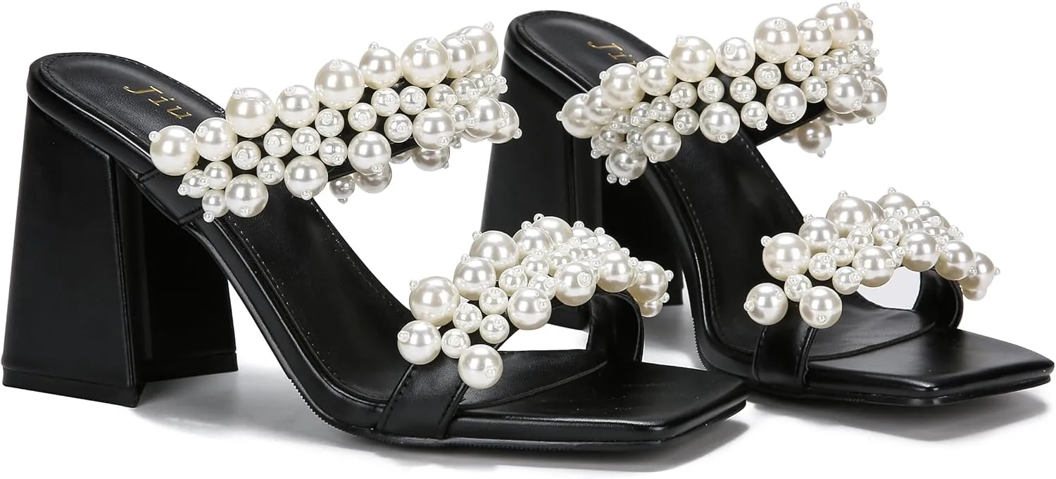 Jiu du Pearl Heels for Women Slide Mule Heels Square Toe Low Block Slip On Backless Heeled Sandals