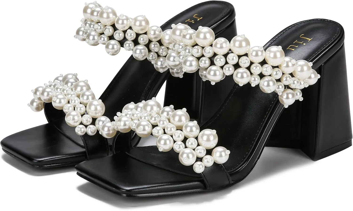 Jiu du Pearl Heels for Women Slide Mule Heels Square Toe Low Block Slip On Backless Heeled Sandals