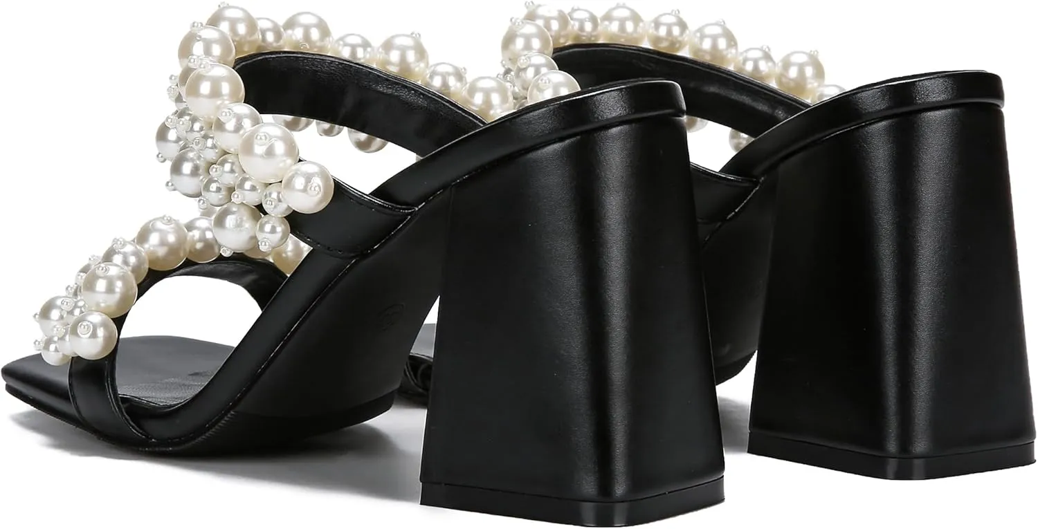 Jiu du Pearl Heels for Women Slide Mule Heels Square Toe Low Block Slip On Backless Heeled Sandals