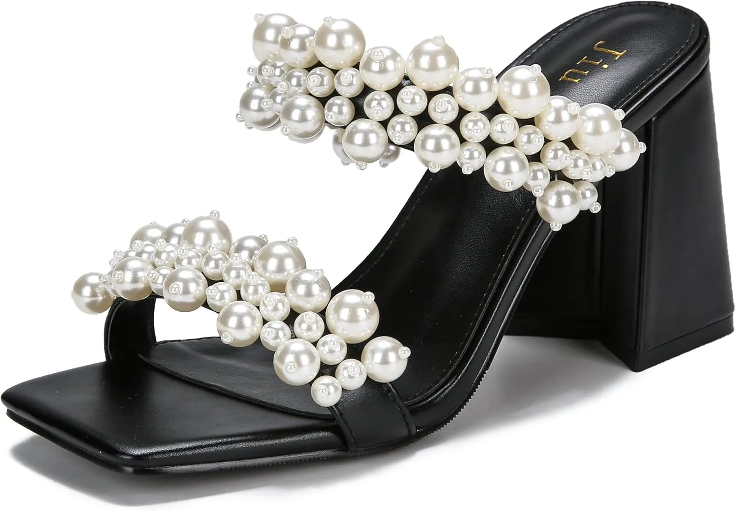 Jiu du Pearl Heels for Women Slide Mule Heels Square Toe Low Block Slip On Backless Heeled Sandals