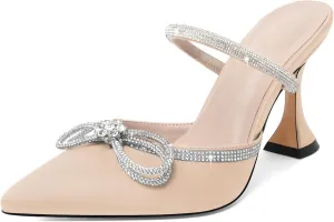 Joseywade Rhinstone Bow Mule Heels High Heels Closed Pointed Toe Spool Heel Slip-on Sandals 3.5" Wedding Crystal Ankle Strap Backless Shoes For Bridal Bridesmaid Engagement
