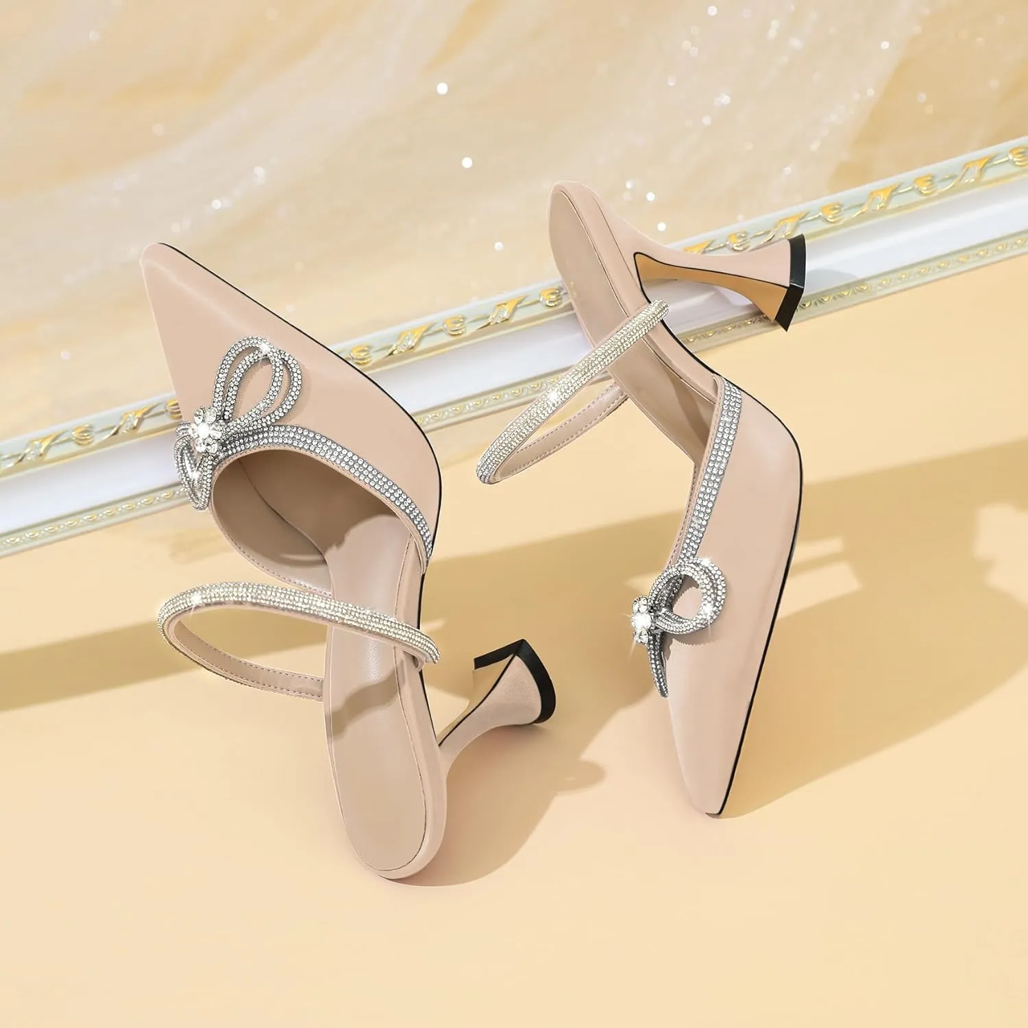 Joseywade Rhinstone Bow Mule Heels High Heels Closed Pointed Toe Spool Heel Slip-on Sandals 3.5" Wedding Crystal Ankle Strap Backless Shoes For Bridal Bridesmaid Engagement