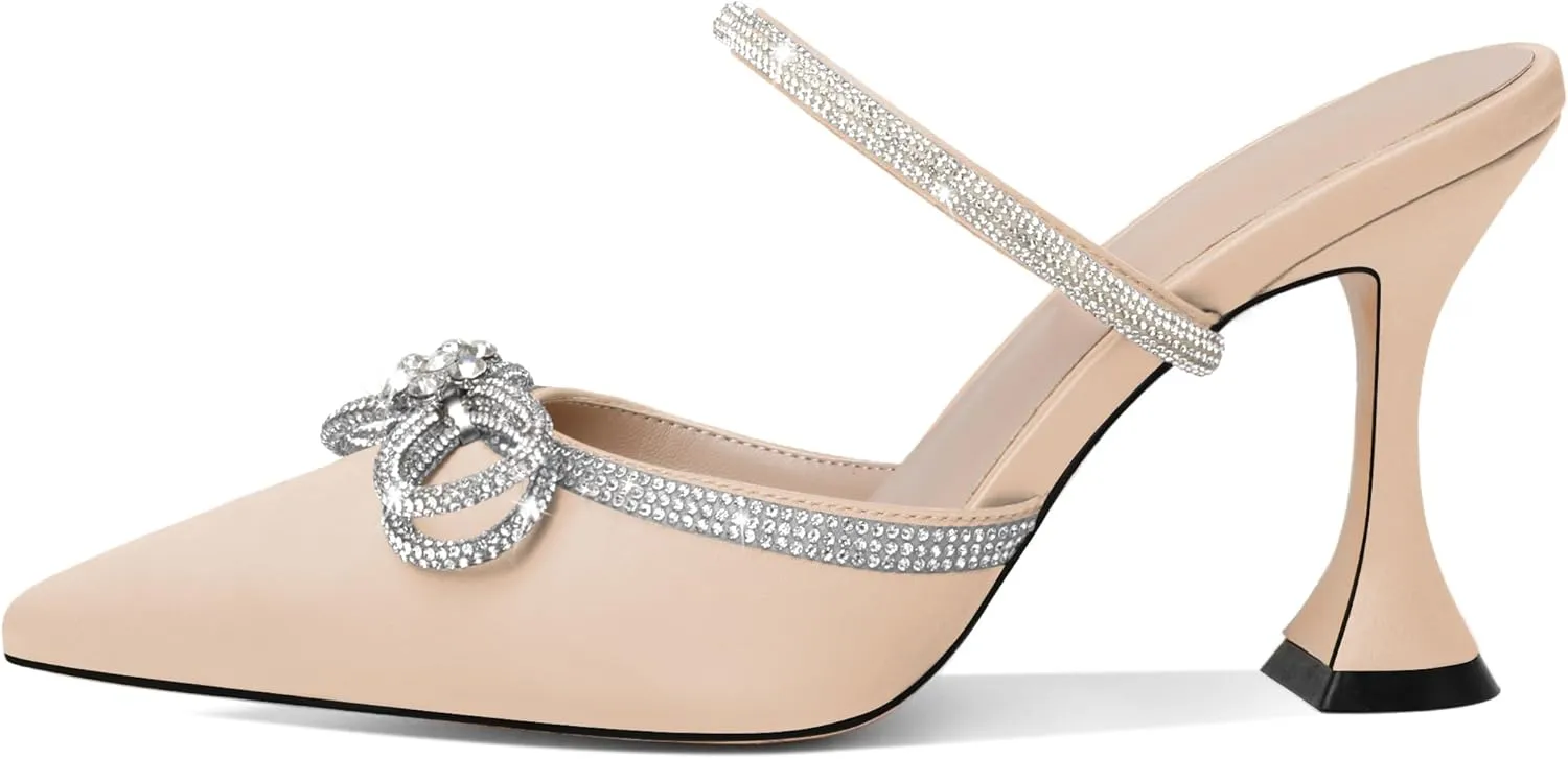 Joseywade Rhinstone Bow Mule Heels High Heels Closed Pointed Toe Spool Heel Slip-on Sandals 3.5" Wedding Crystal Ankle Strap Backless Shoes For Bridal Bridesmaid Engagement