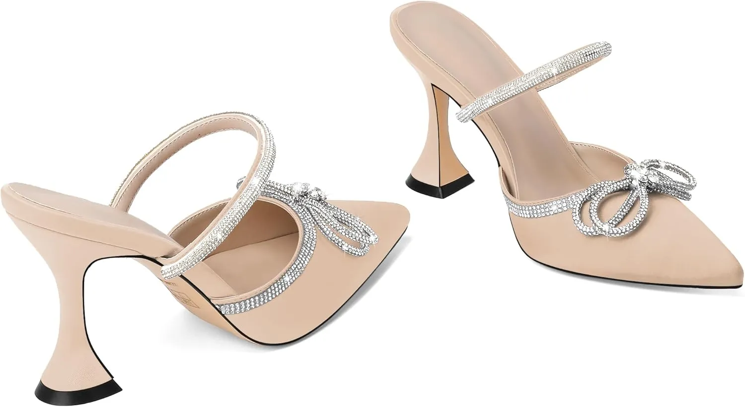 Joseywade Rhinstone Bow Mule Heels High Heels Closed Pointed Toe Spool Heel Slip-on Sandals 3.5" Wedding Crystal Ankle Strap Backless Shoes For Bridal Bridesmaid Engagement
