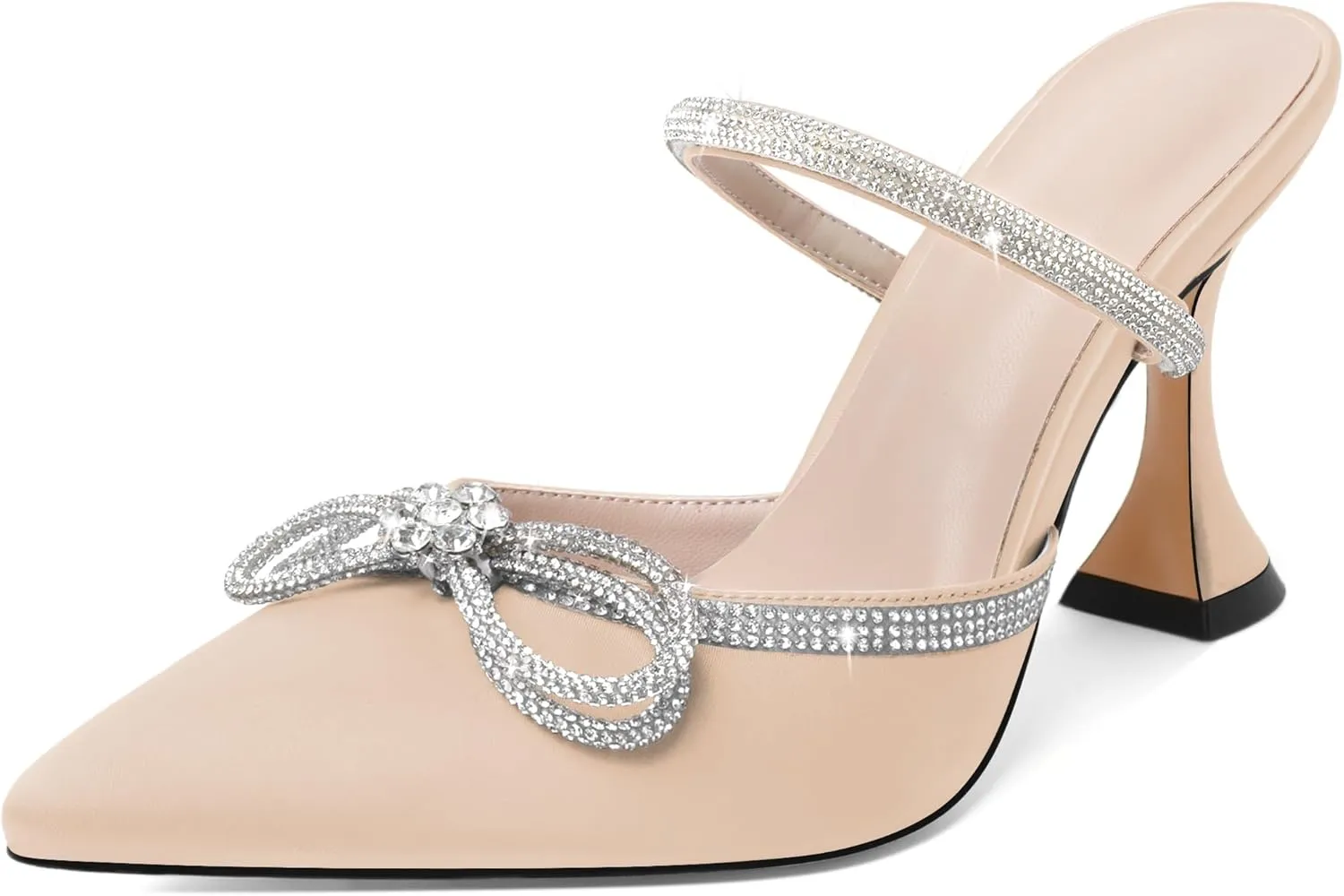 Joseywade Rhinstone Bow Mule Heels High Heels Closed Pointed Toe Spool Heel Slip-on Sandals 3.5" Wedding Crystal Ankle Strap Backless Shoes For Bridal Bridesmaid Engagement