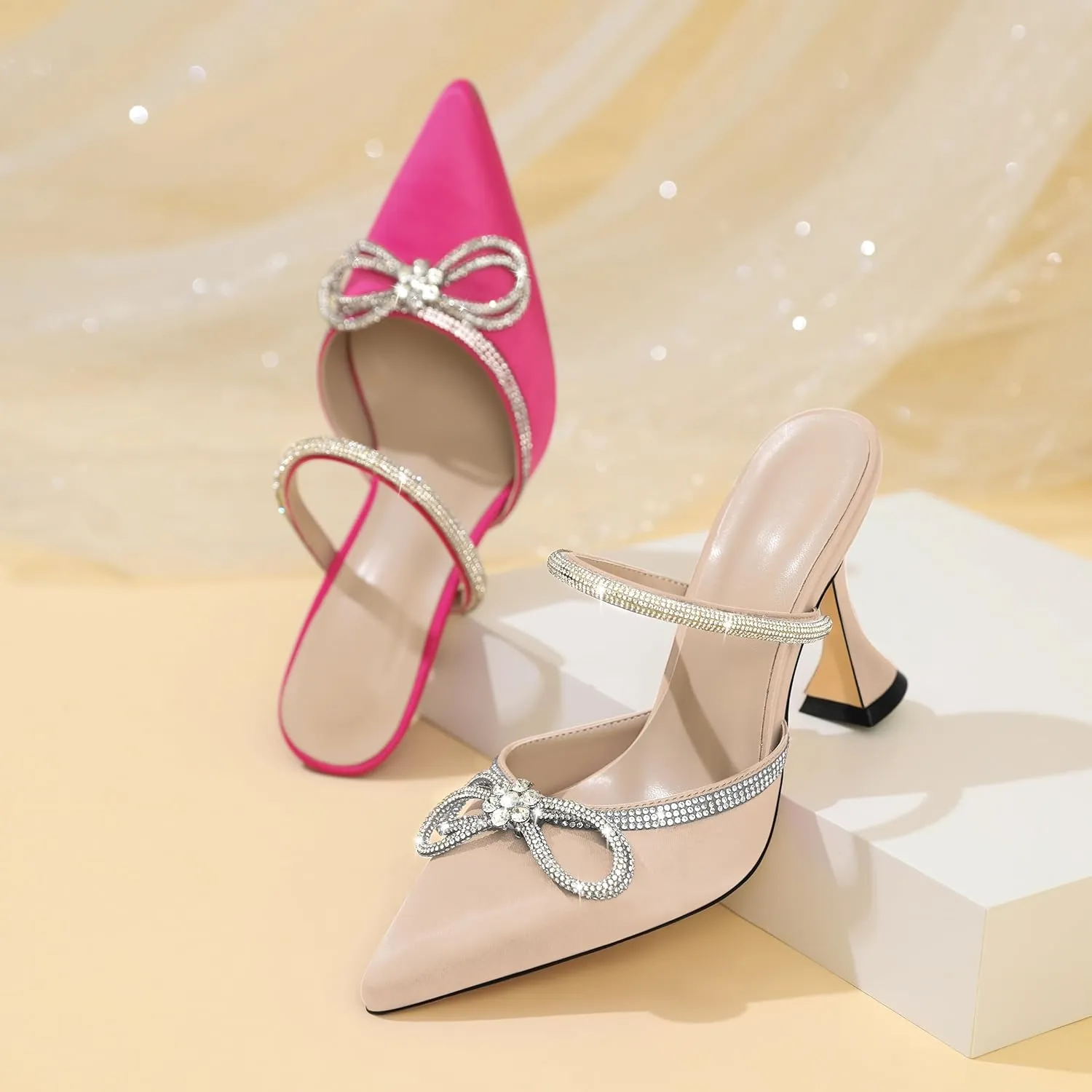 Joseywade Rhinstone Bow Mule Heels High Heels Closed Pointed Toe Spool Heel Slip-on Sandals 3.5" Wedding Crystal Ankle Strap Backless Shoes For Bridal Bridesmaid Engagement