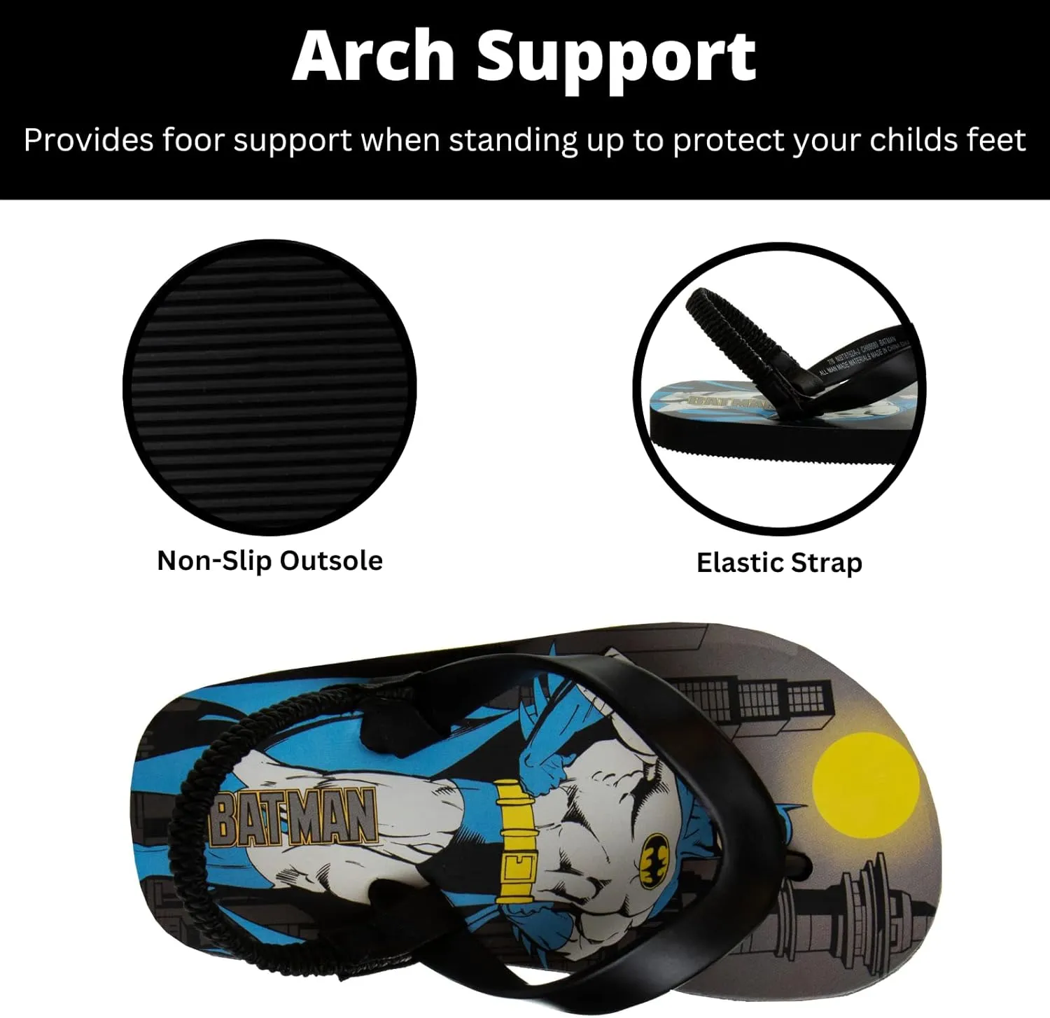 Josmo Boy's Batman Flip Flops Sandals-Kids Water Shoes-Character Superhero Comics Outdoor Thong Back Strap Beach Slip On Pool Slides Swim Slippers Quick-Dry