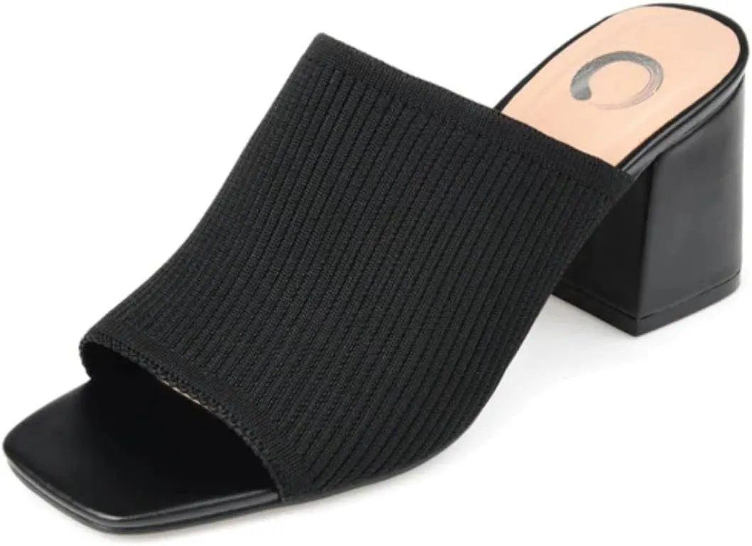 Journee Square Open Toe Chunky Block Heel Knit Slip-On Pump for Women - Lorenna Heeled Fashion Mule Black, 7.5 Wide
