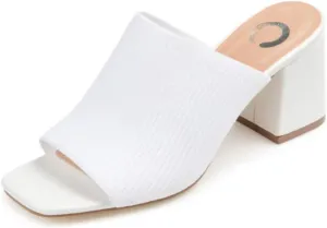 Journee Square Open Toe Chunky Block Heel Knit Slip-On Pump for Women - Lorenna Heeled Fashion Mule White, 7 Wide