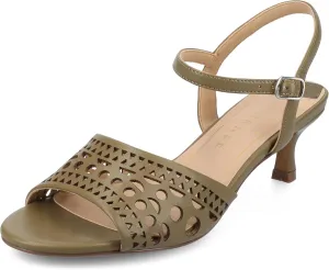 Journee Womens cushioned footbed Jemry Kitten Heel Faux Leather Open Toe Ankle Buckle Laser Cutout 2-3 Inch Heel