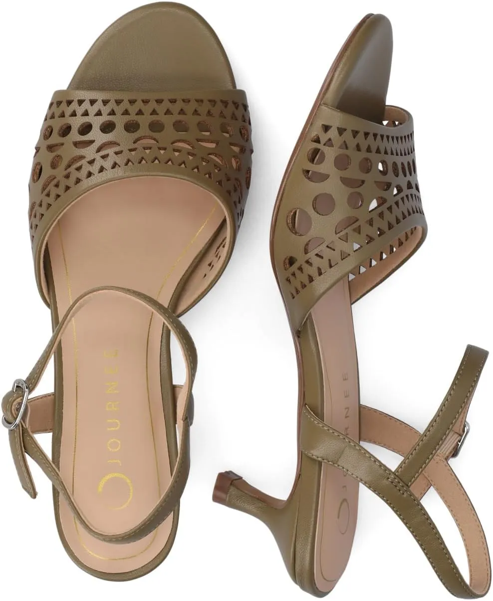 Journee Womens cushioned footbed Jemry Kitten Heel Faux Leather Open Toe Ankle Buckle Laser Cutout 2-3 Inch Heel