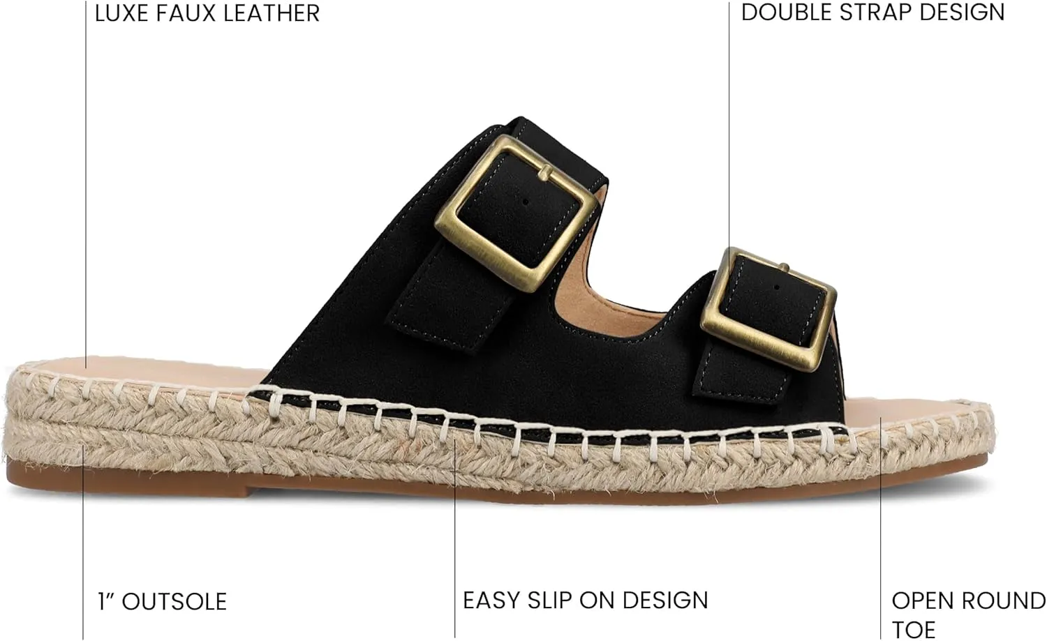 Journee Womens Slide On Sandal Cushioned Footbed Tresah Espadrille Open Toe Faux Leather Double Buckle