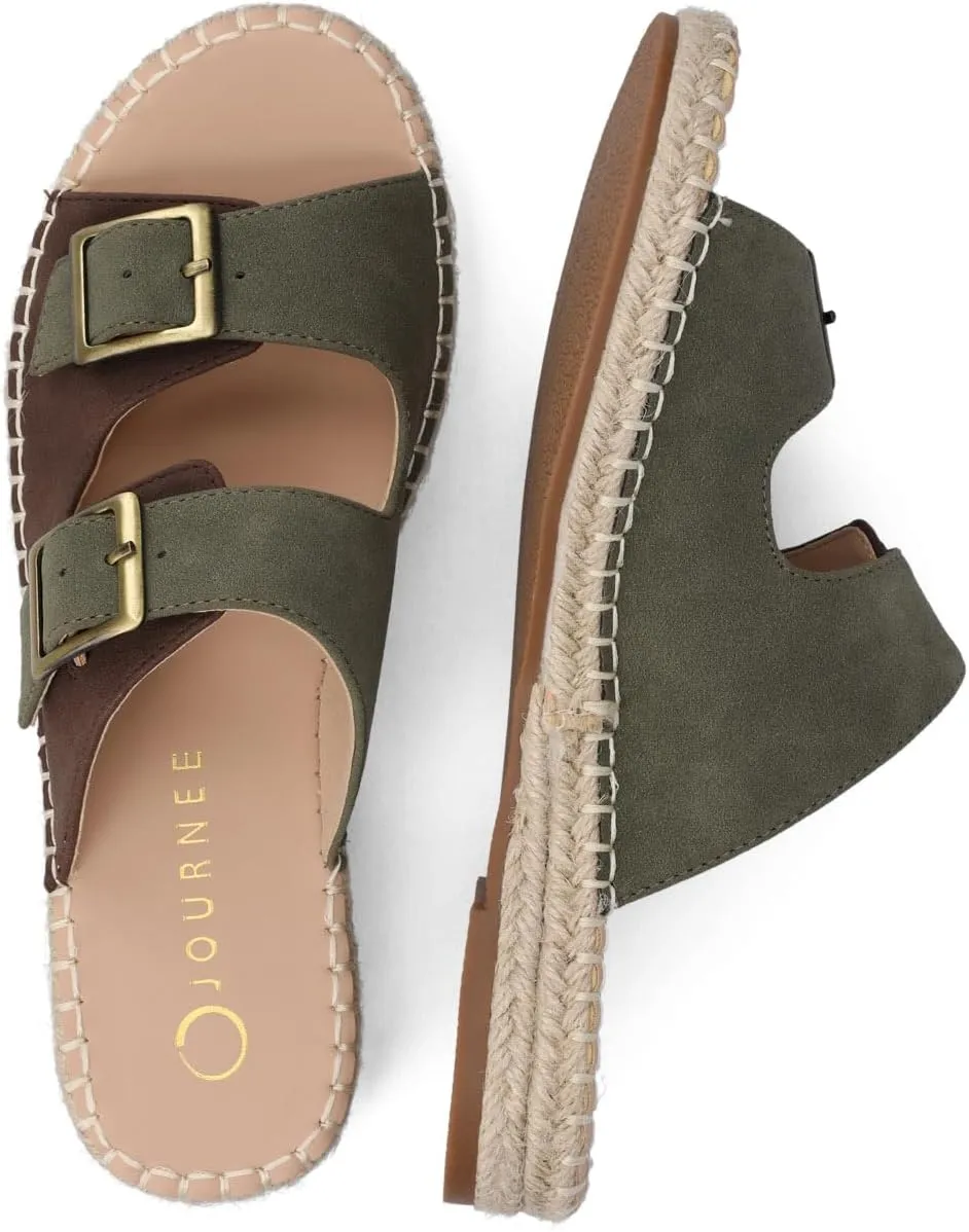 Journee Womens Slide On Sandal Cushioned Footbed Tresah Espadrille Open Toe Faux Leather Double Buckle