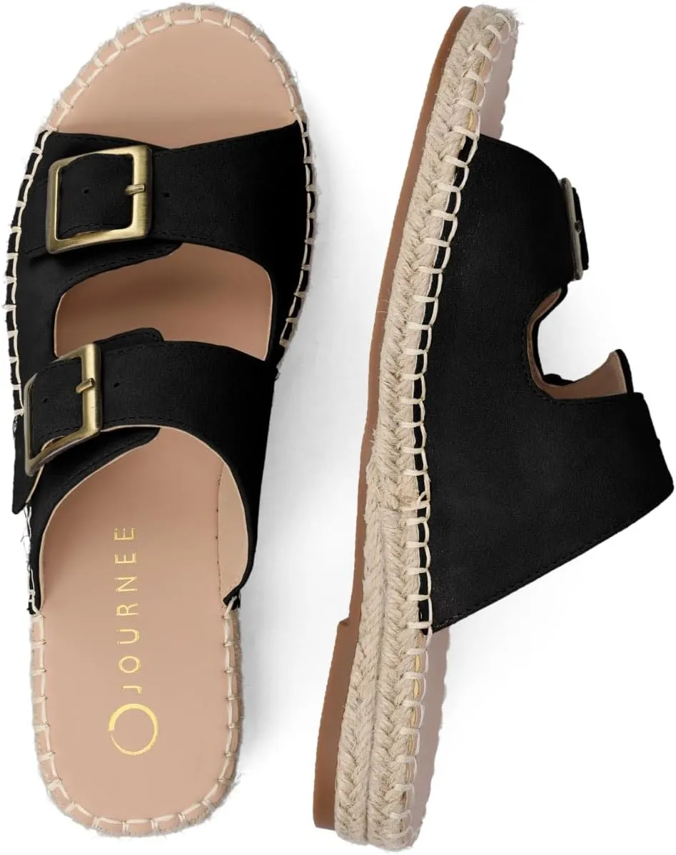 Journee Womens Slide On Sandal Cushioned Footbed Tresah Espadrille Open Toe Faux Leather Double Buckle