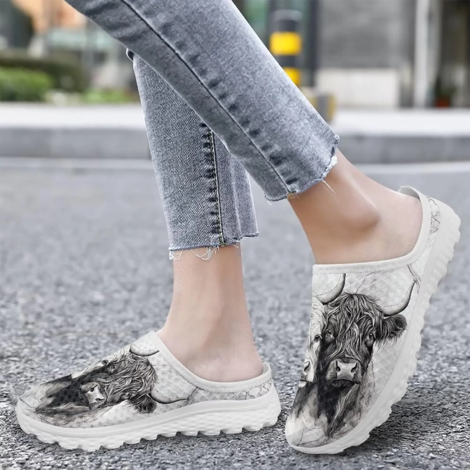 JoyLamoria Animal Pattern House Womens Shoes Mule Casual Sport Sneakers Breathable Slip on Walking Mesh