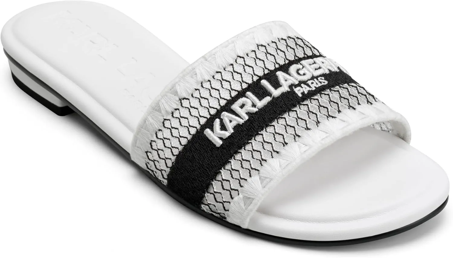 Karl Lagerfeld Paris Women's Cushioned Insole Everyday Cairra-Flat Slide Heeled Sandal, White/Black, 8.5
