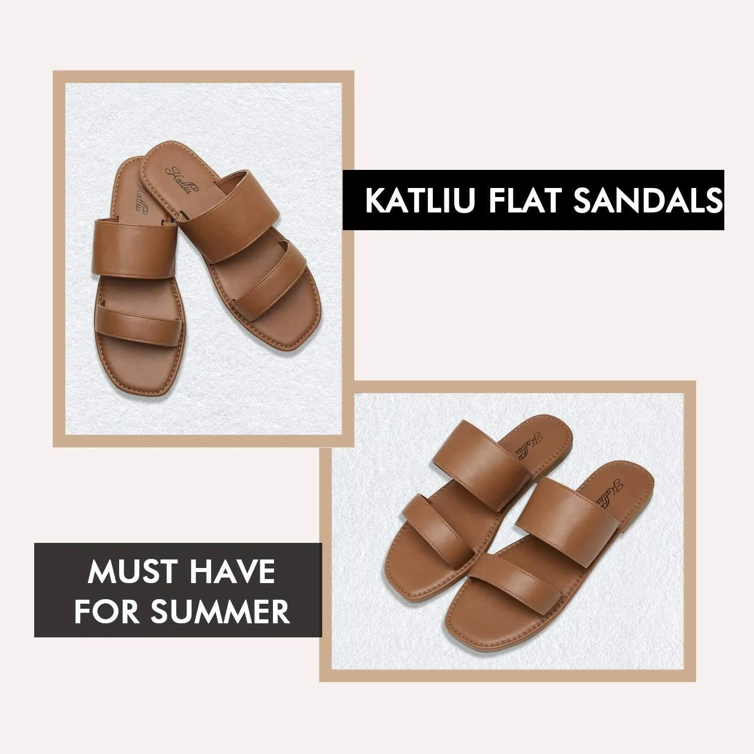katliu Women's Flat Sandals Two Strap Slide Sandals Open Toe