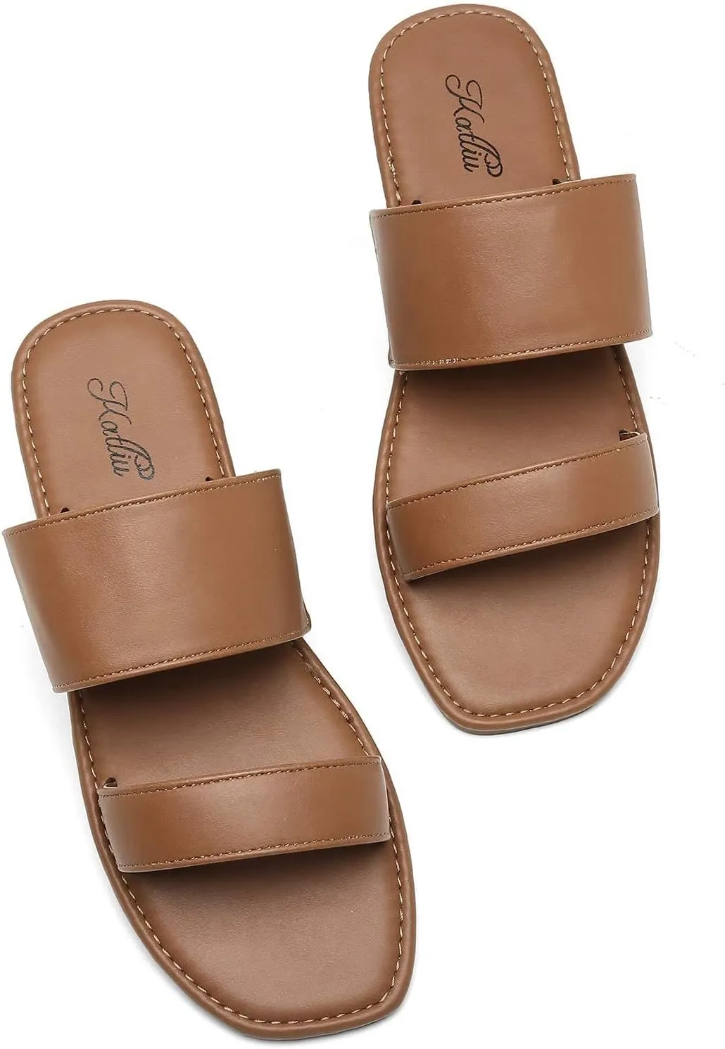katliu Women's Flat Sandals Two Strap Slide Sandals Open Toe