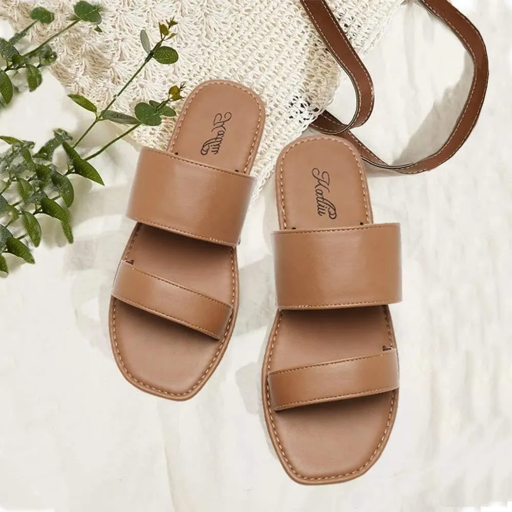 katliu Women's Flat Sandals Two Strap Slide Sandals Open Toe