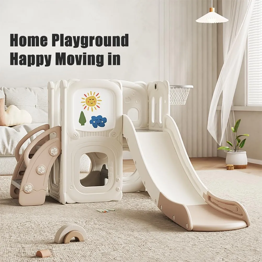 Kids Slide for Toddlers, Toddler Slide Set Indoor, Baby Playset with Climber, Basketball Hoop,Dry Erase Board, Tunnel,Storage Space, 6-in-1 Playground Set for Toddlers Freestanding Slides (no Swing)