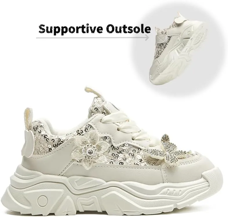 kkdom Girls Runnings Shoes Kids Fashion Glitter Butterfly Sneakers Breathable Lightweight Tennis Athletic Sports