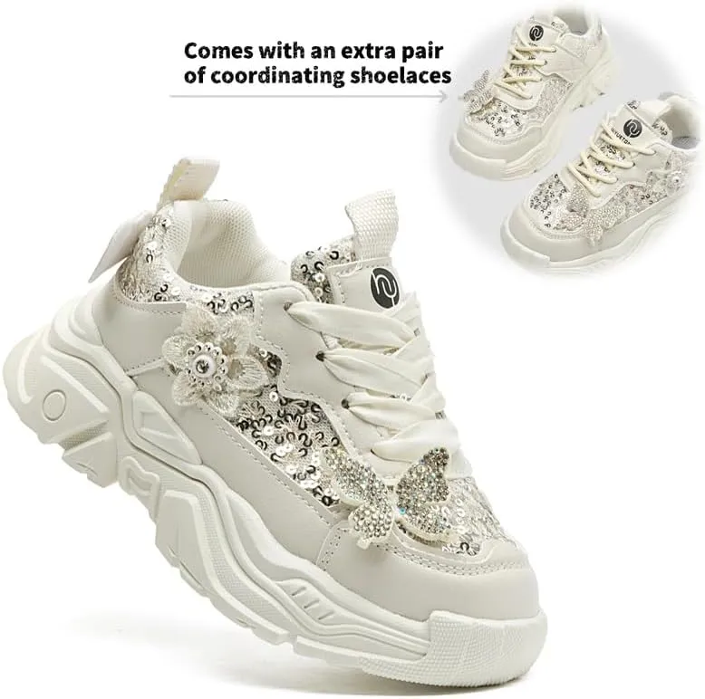 kkdom Girls Runnings Shoes Kids Fashion Glitter Butterfly Sneakers Breathable Lightweight Tennis Athletic Sports