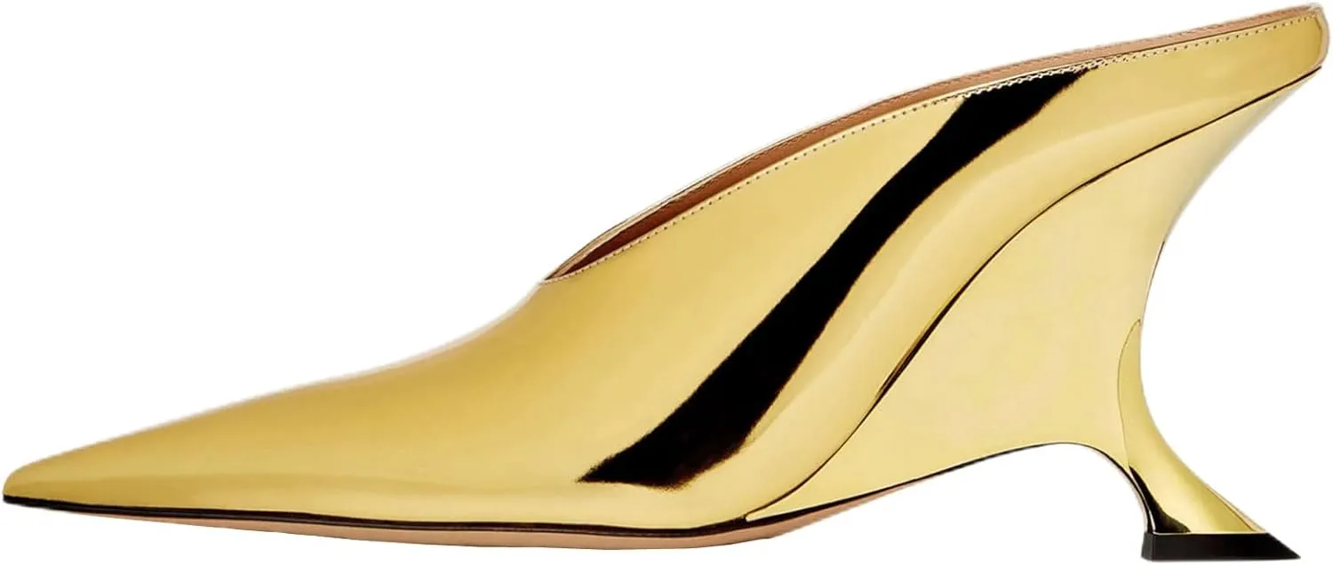 Kluolandi Metallic Heeled Mules for Women Sexy Pointed Closed Toe Slip On Wedge Mule Pumps Heels