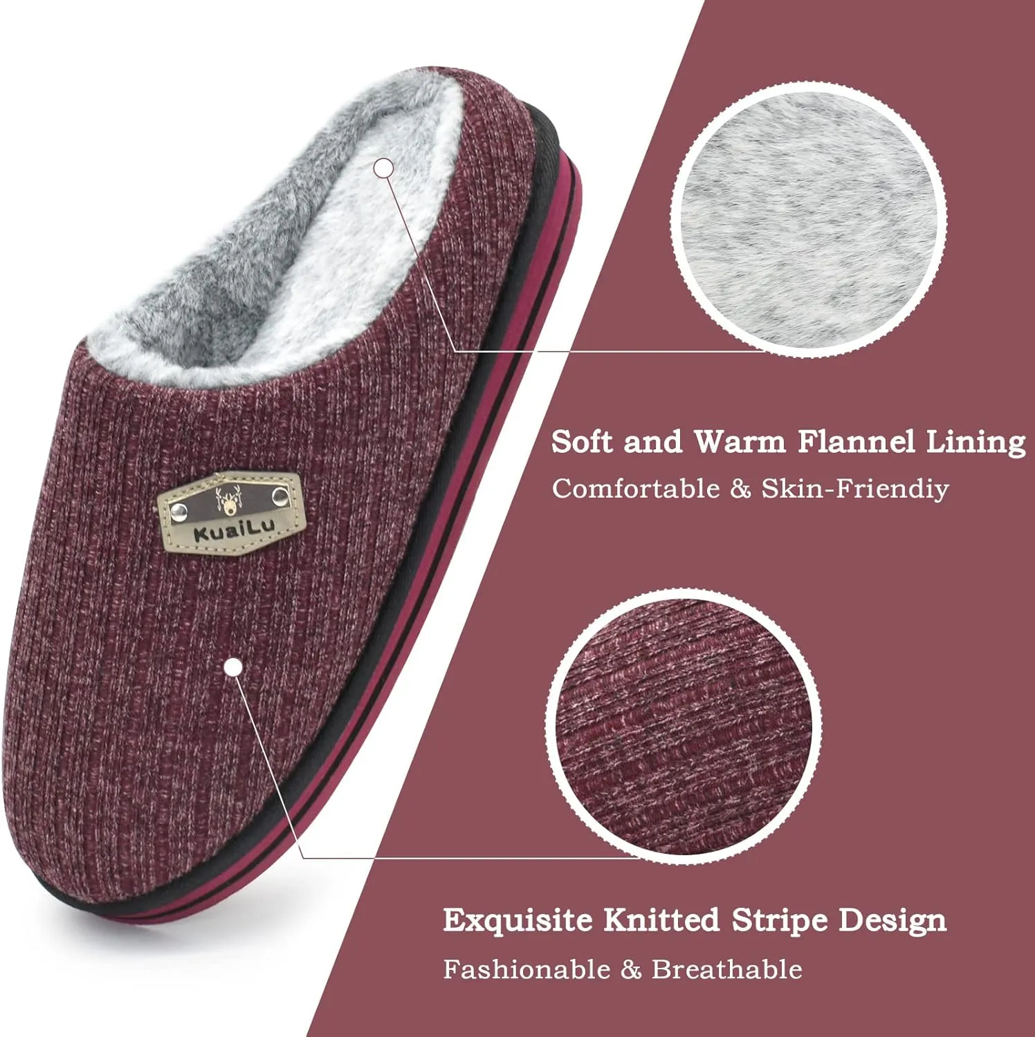 KuaiLu Men's Orthopedic Memory Foam Slippers - Fashion Casual Wool-blend Stripe Knitted with Warm Sherpa Plush Lining - Winter Men's Mule Scuff Non-slip House Slippers - Size 7-14