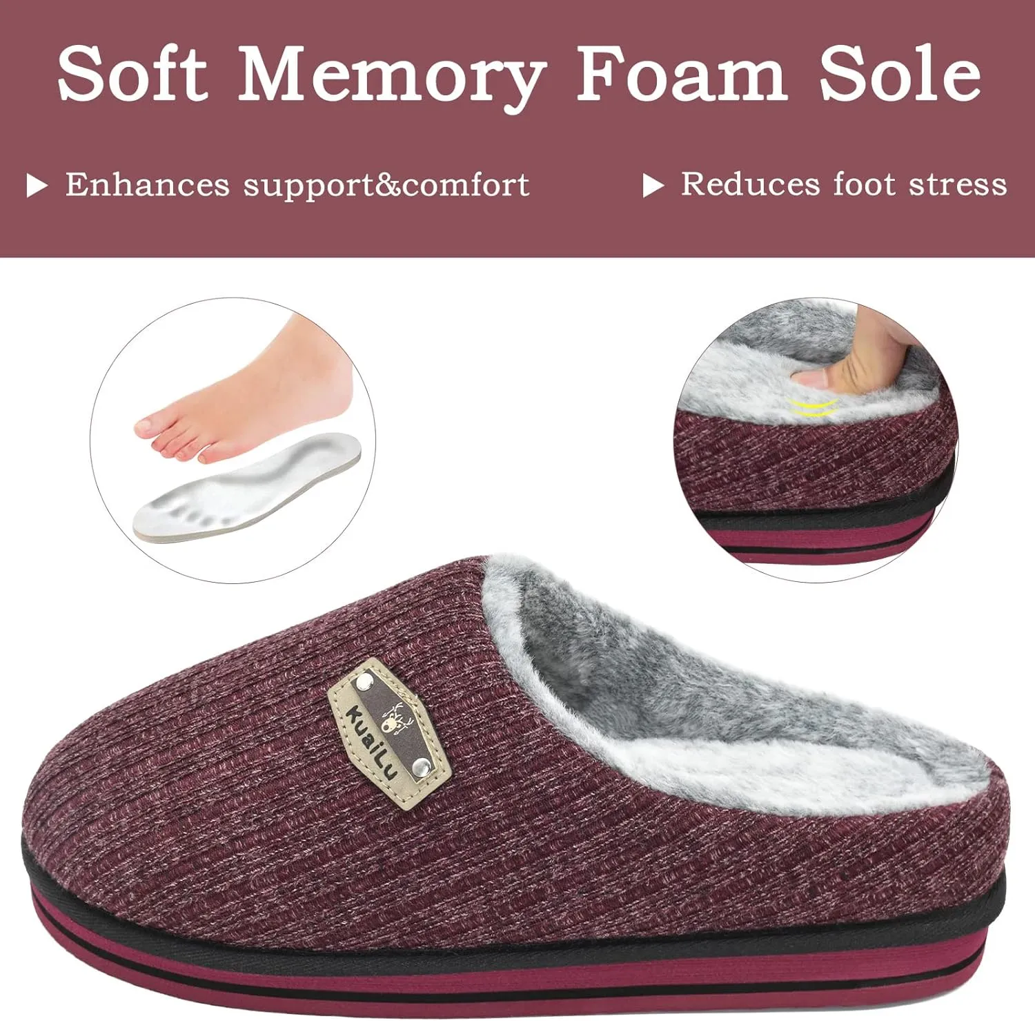 KuaiLu Men's Orthopedic Memory Foam Slippers - Fashion Casual Wool-blend Stripe Knitted with Warm Sherpa Plush Lining - Winter Men's Mule Scuff Non-slip House Slippers - Size 7-14