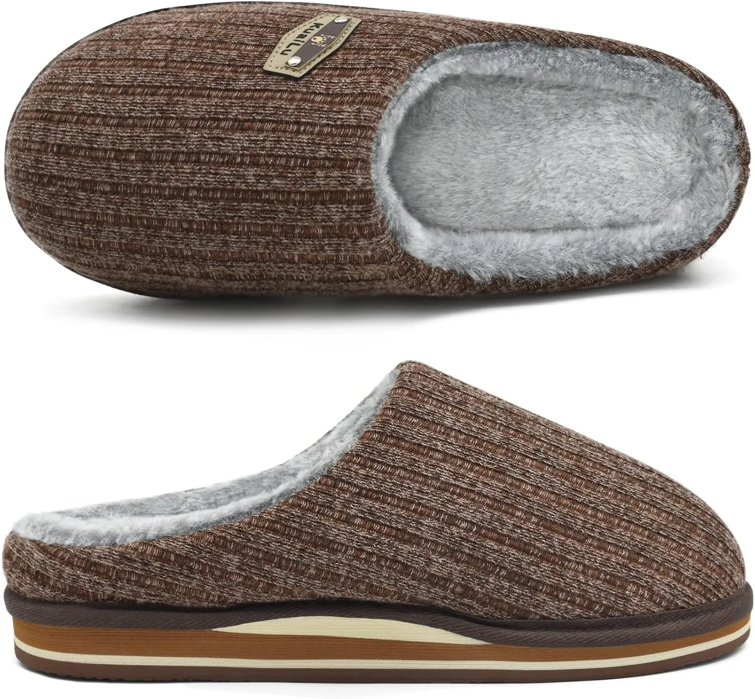 KuaiLu Men's Orthopedic Memory Foam Slippers - Fashion Casual Wool-blend Stripe Knitted with Warm Sherpa Plush Lining - Winter Men's Mule Scuff Non-slip House Slippers - Size 7-14