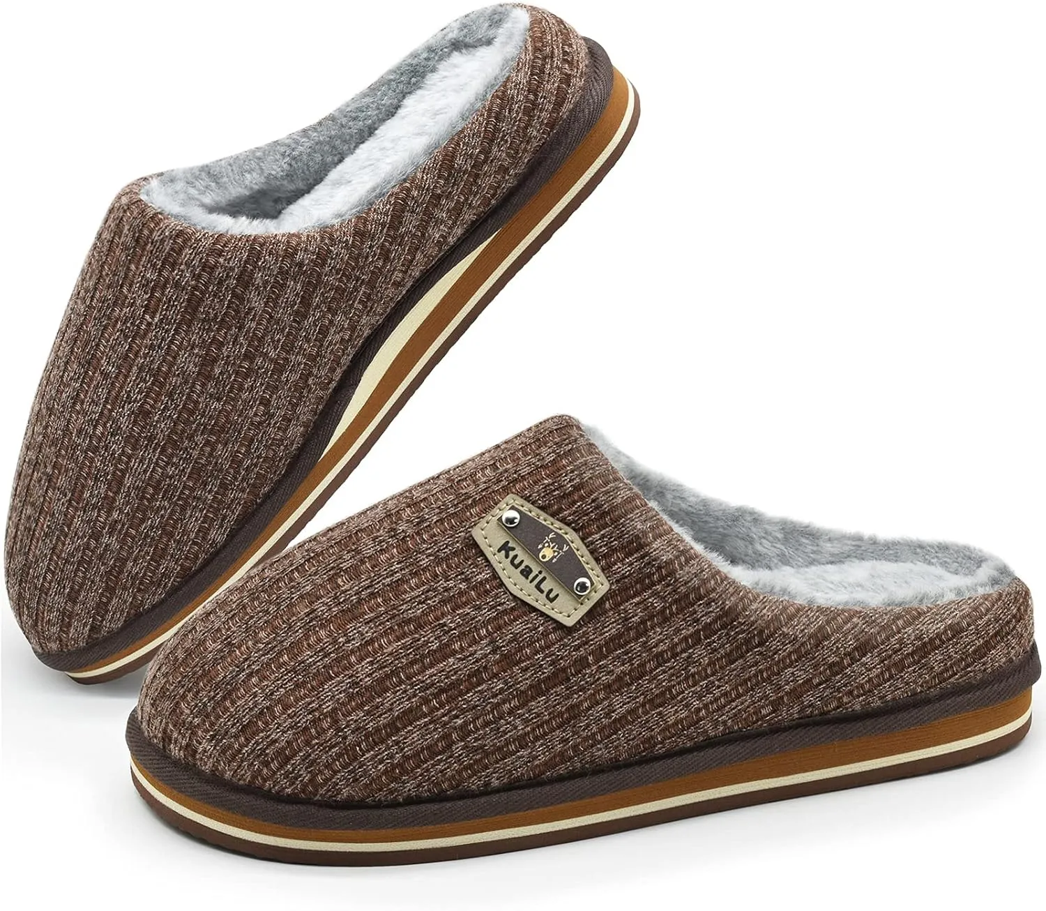 KuaiLu Men's Orthopedic Memory Foam Slippers - Fashion Casual Wool-blend Stripe Knitted with Warm Sherpa Plush Lining - Winter Men's Mule Scuff Non-slip House Slippers - Size 7-14