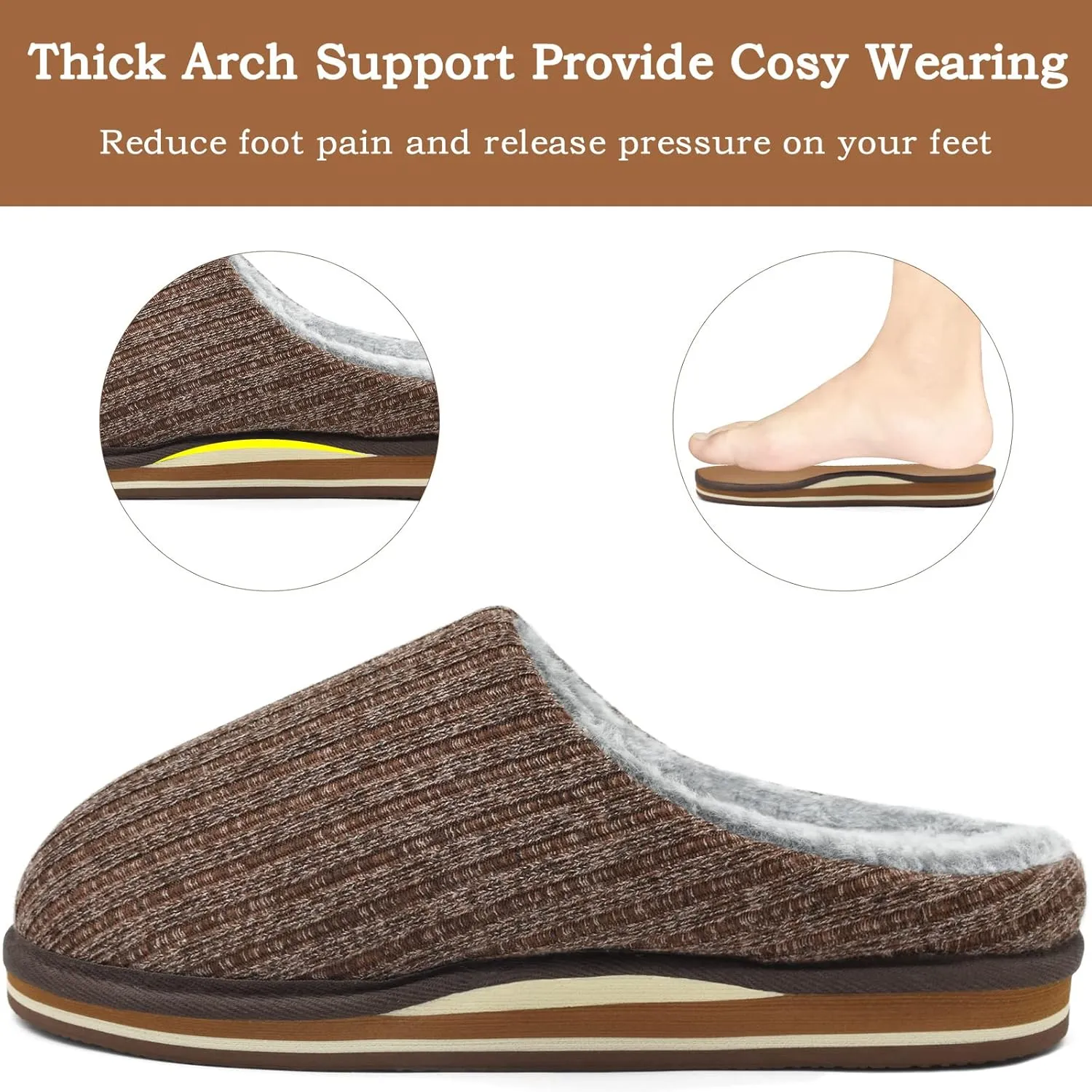 KuaiLu Men's Orthopedic Memory Foam Slippers - Fashion Casual Wool-blend Stripe Knitted with Warm Sherpa Plush Lining - Winter Men's Mule Scuff Non-slip House Slippers - Size 7-14