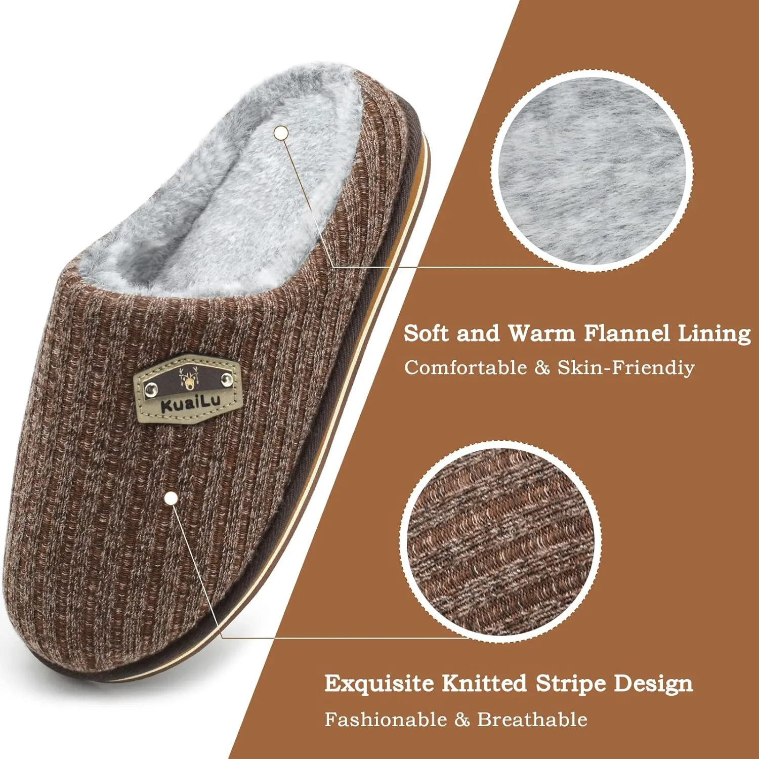KuaiLu Men's Orthopedic Memory Foam Slippers - Fashion Casual Wool-blend Stripe Knitted with Warm Sherpa Plush Lining - Winter Men's Mule Scuff Non-slip House Slippers - Size 7-14