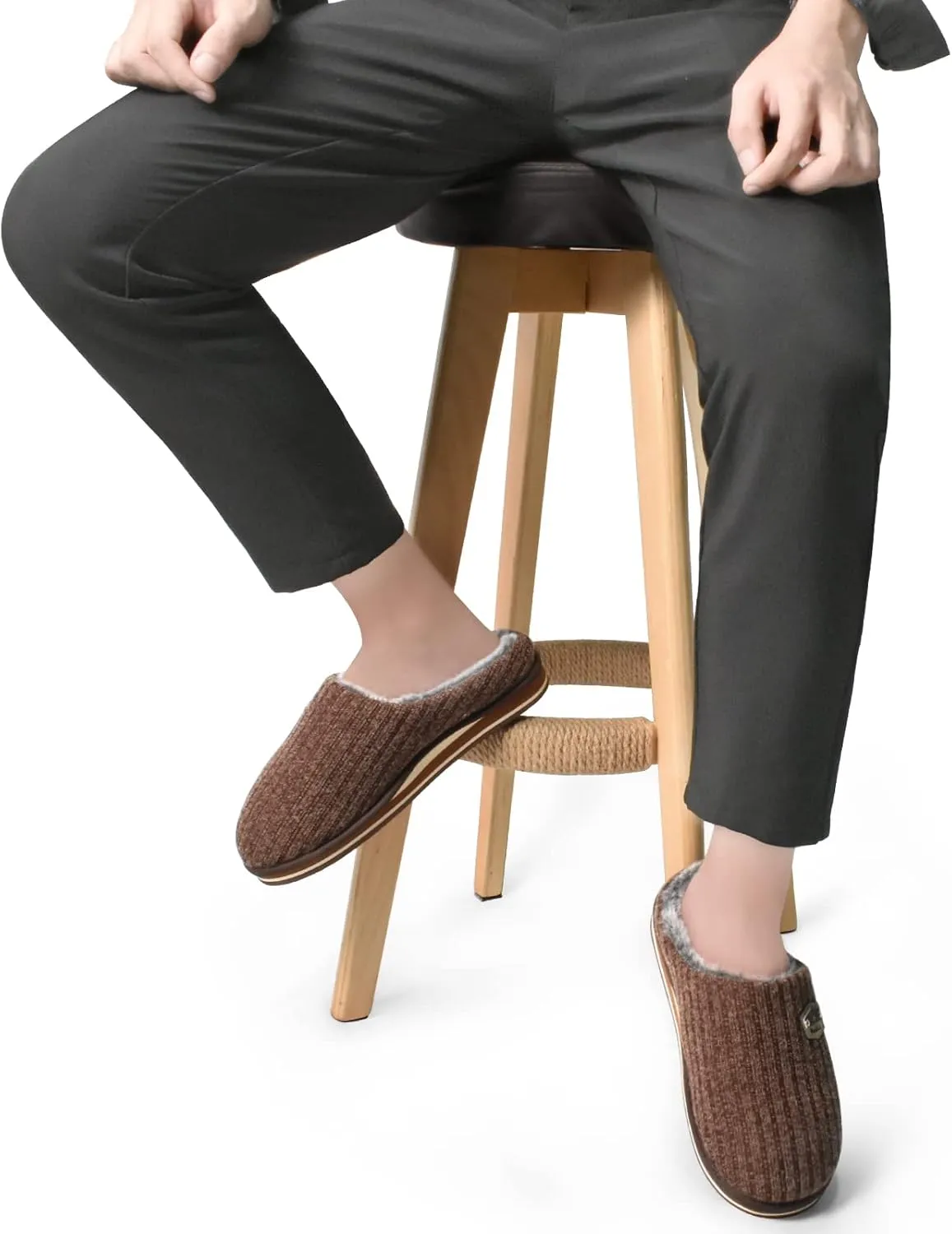 KuaiLu Men's Orthopedic Memory Foam Slippers - Fashion Casual Wool-blend Stripe Knitted with Warm Sherpa Plush Lining - Winter Men's Mule Scuff Non-slip House Slippers - Size 7-14