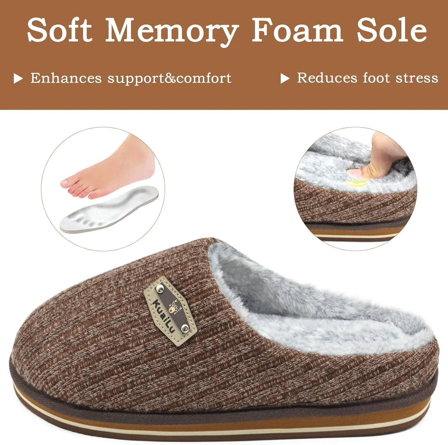 KuaiLu Men's Orthopedic Memory Foam Slippers - Fashion Casual Wool-blend Stripe Knitted with Warm Sherpa Plush Lining - Winter Men's Mule Scuff Non-slip House Slippers - Size 7-14