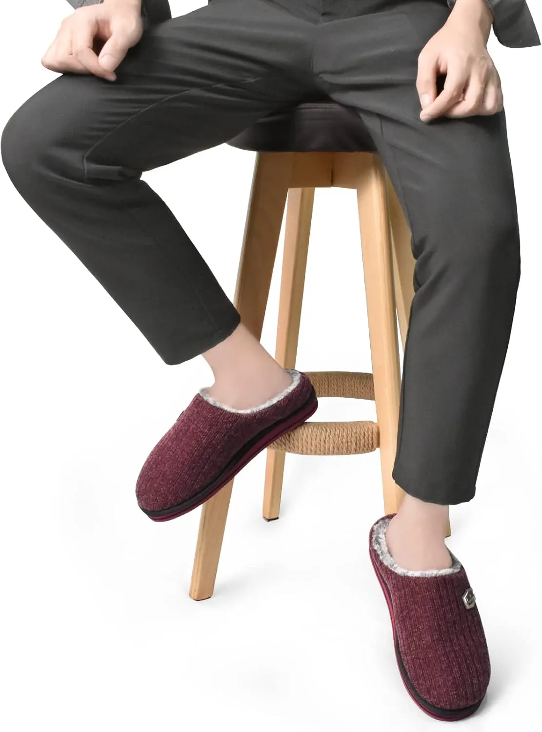 KuaiLu Men's Orthopedic Memory Foam Slippers - Fashion Casual Wool-blend Stripe Knitted with Warm Sherpa Plush Lining - Winter Men's Mule Scuff Non-slip House Slippers - Size 7-14