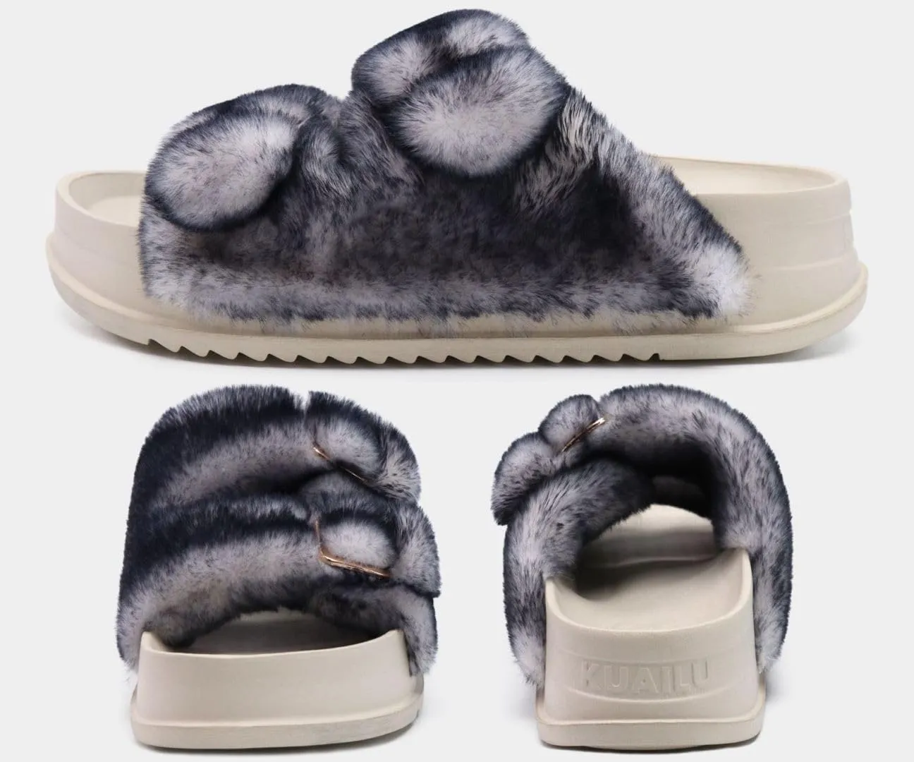 KuaiLu Women's Fluff Slippers Plantar Fasciitis Arch Support Platform Slippers Ladies Fashion Open Toe Faux Fur Sliders Womens House Slipper Size 6-12