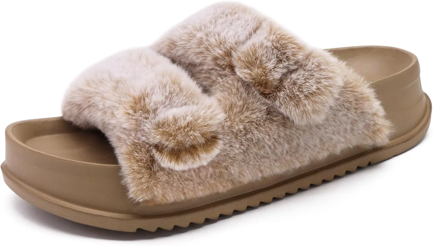 KuaiLu Women's Fluff Slippers Plantar Fasciitis Arch Support Platform Slippers Ladies Fashion Open Toe Faux Fur Sliders Womens House Slipper Size 6-12
