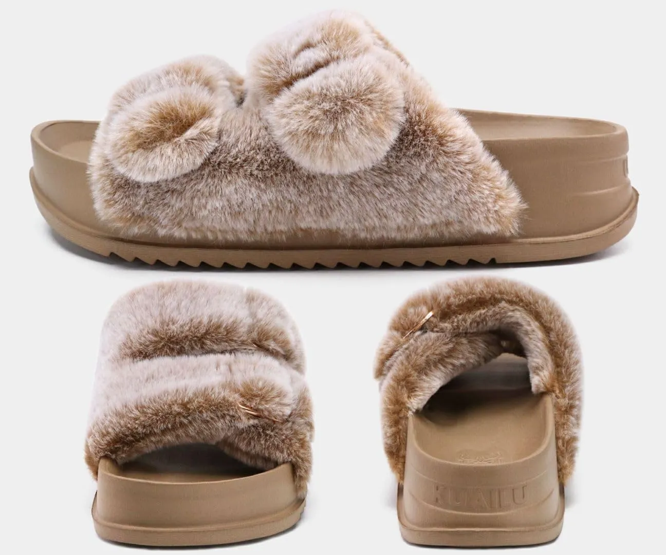 KuaiLu Women's Fluff Slippers Plantar Fasciitis Arch Support Platform Slippers Ladies Fashion Open Toe Faux Fur Sliders Womens House Slipper Size 6-12