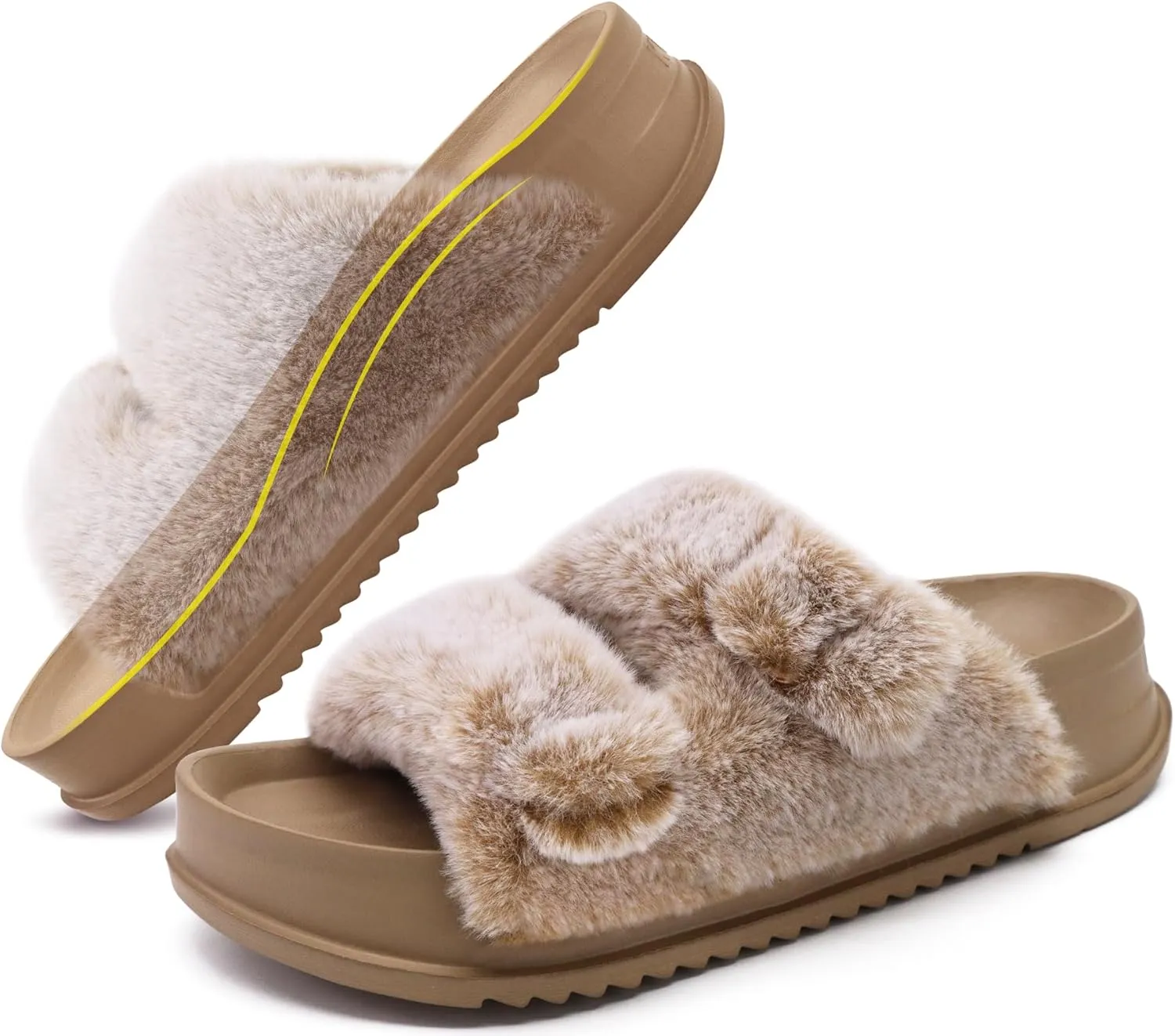 KuaiLu Women's Fluff Slippers Plantar Fasciitis Arch Support Platform Slippers Ladies Fashion Open Toe Faux Fur Sliders Womens House Slipper Size 6-12