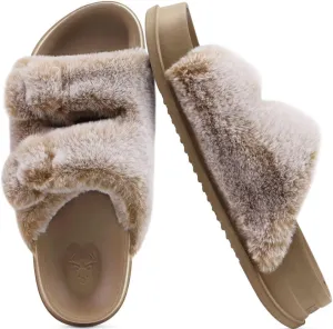 KuaiLu Women's Fluff Slippers Plantar Fasciitis Arch Support Platform Slippers Ladies Fashion Open Toe Faux Fur Sliders Womens House Slipper Size 6-12