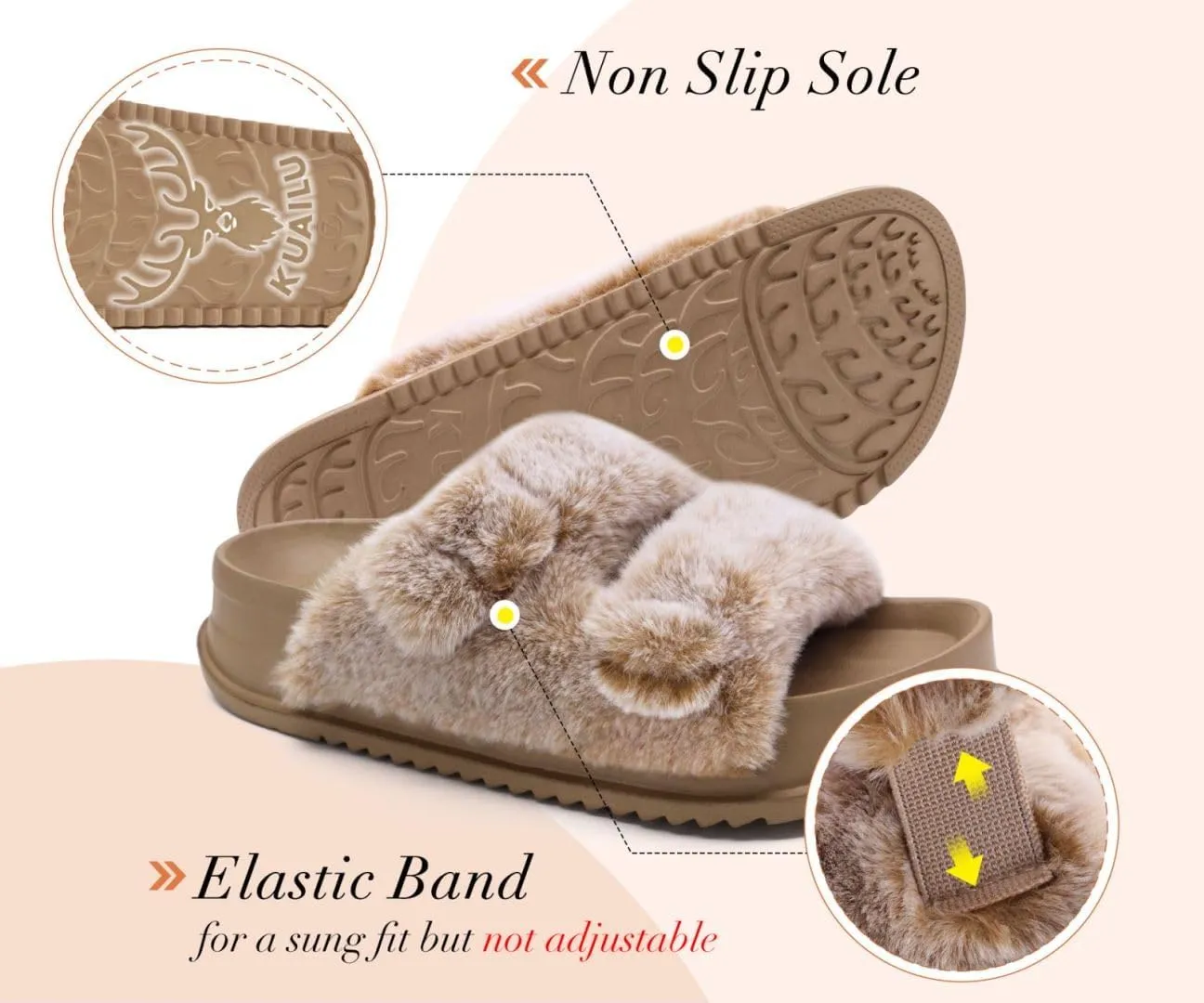 KuaiLu Women's Fluff Slippers Plantar Fasciitis Arch Support Platform Slippers Ladies Fashion Open Toe Faux Fur Sliders Womens House Slipper Size 6-12