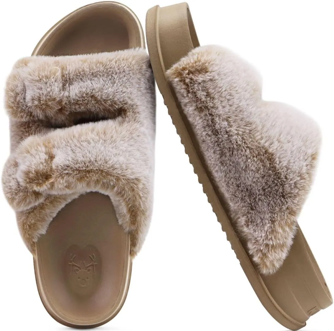 KuaiLu Women's Fluff Slippers Plantar Fasciitis Arch Support Platform Slippers Ladies Fashion Open Toe Faux Fur Sliders Womens House Slipper Size 6-12