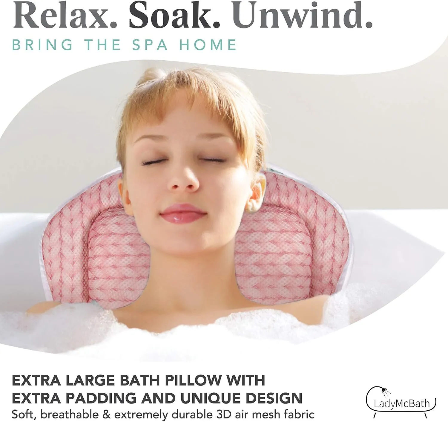 Lady McBath Bath Pillow - Luxury Bath Pillows for Tub Neck and Back Support - Powerful Suction Cups, Machine Washable Bathtub Accessory for Relaxation (Peach)