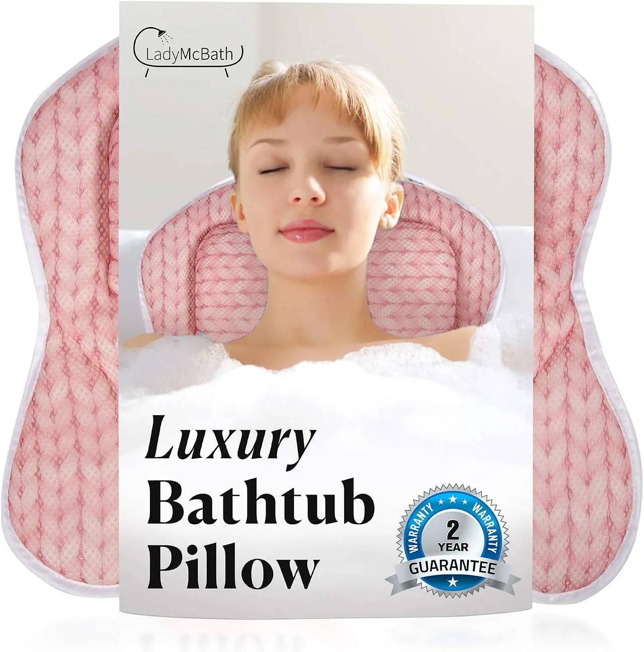 Lady McBath Bath Pillow - Luxury Bath Pillows for Tub Neck and Back Support - Powerful Suction Cups, Machine Washable Bathtub Accessory for Relaxation (Peach)