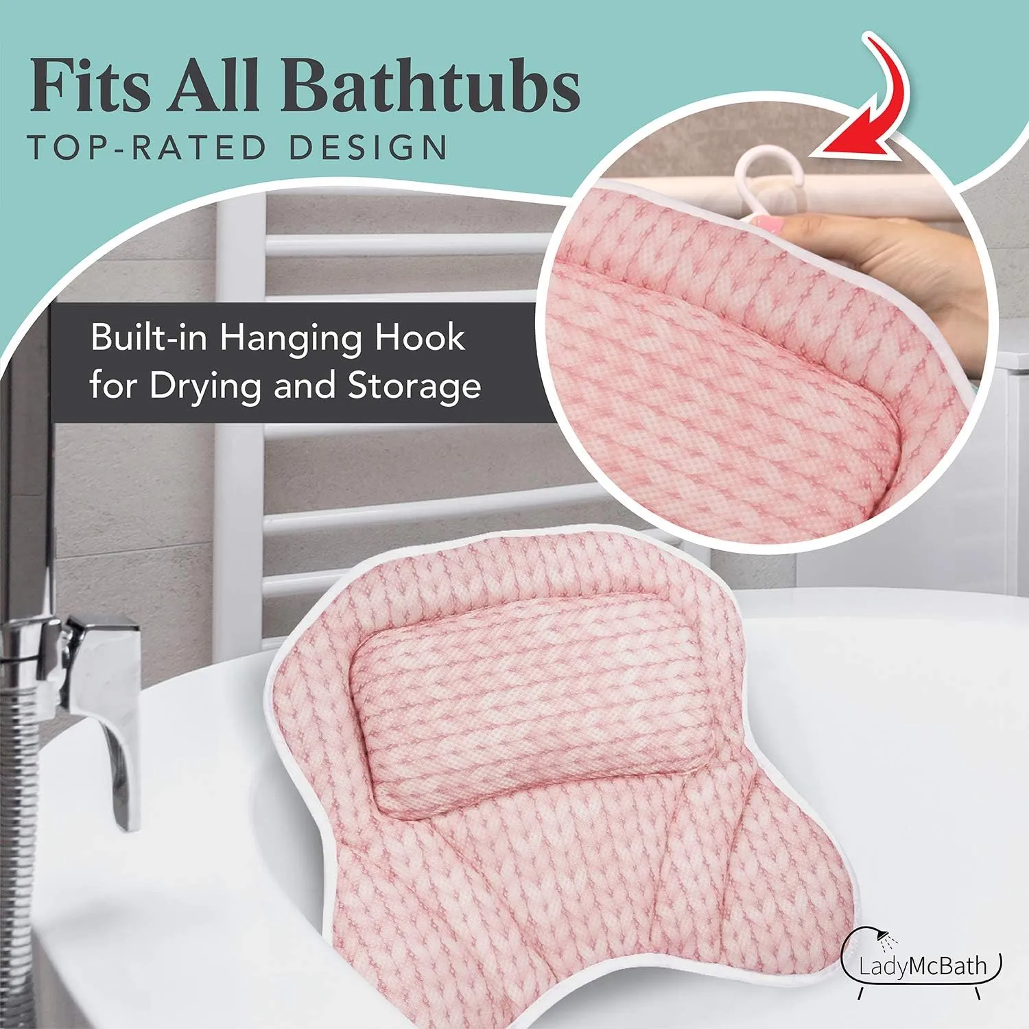 Lady McBath Bath Pillow - Luxury Bath Pillows for Tub Neck and Back Support - Powerful Suction Cups, Machine Washable Bathtub Accessory for Relaxation (Peach)