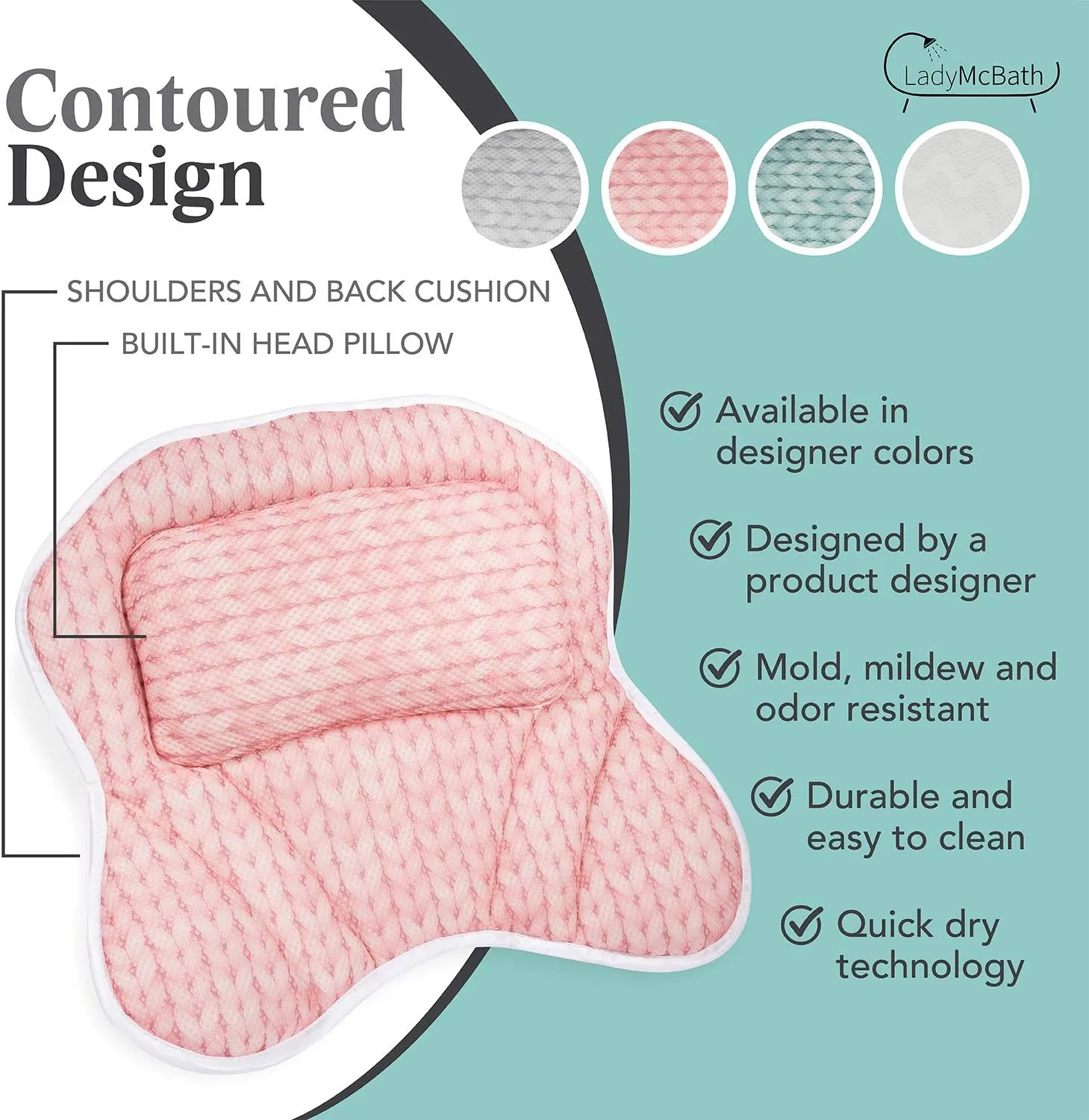 Lady McBath Bath Pillow - Luxury Bath Pillows for Tub Neck and Back Support - Powerful Suction Cups, Machine Washable Bathtub Accessory for Relaxation (Peach)