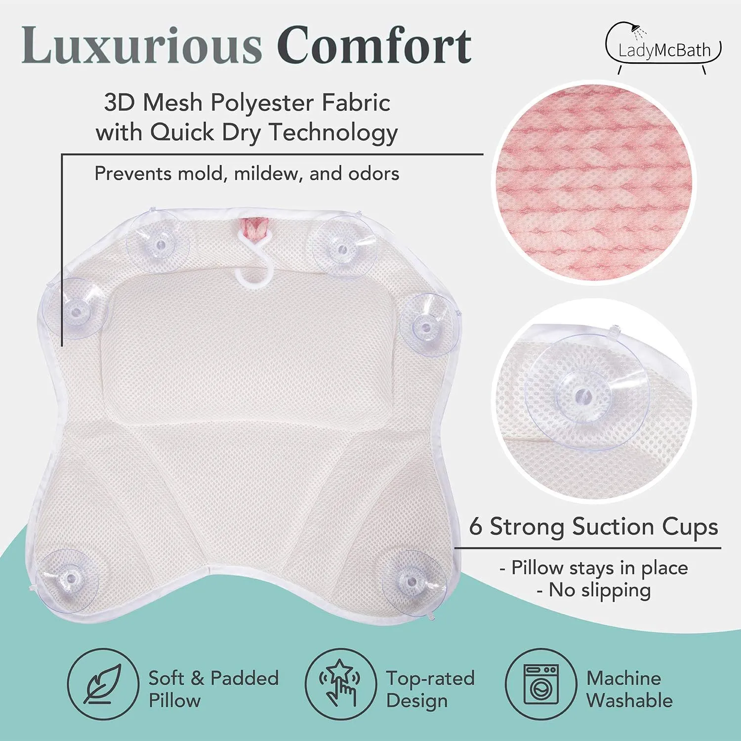 Lady McBath Bath Pillow - Luxury Bath Pillows for Tub Neck and Back Support - Powerful Suction Cups, Machine Washable Bathtub Accessory for Relaxation (Peach)